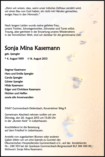 Anzeige von Sonja Mina Kasemann von Kölner Stadt-Anzeiger / Kölnische Rundschau / Express