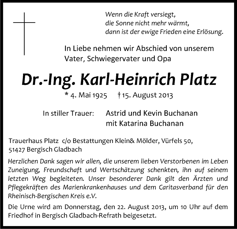  Traueranzeige für Karl-Heinrich Platz vom 17.08.2013 aus Kölner Stadt-Anzeiger / Kölnische Rundschau / Express