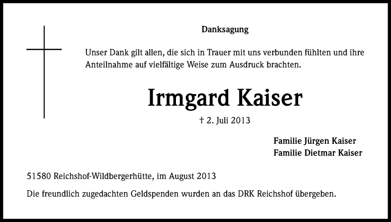  Traueranzeige für Irmgard Kaiser vom 19.08.2013 aus Kölner Stadt-Anzeiger / Kölnische Rundschau / Express