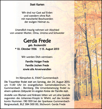 Anzeige von Gerda Frede von Kölner Stadt-Anzeiger / Kölnische Rundschau / Express