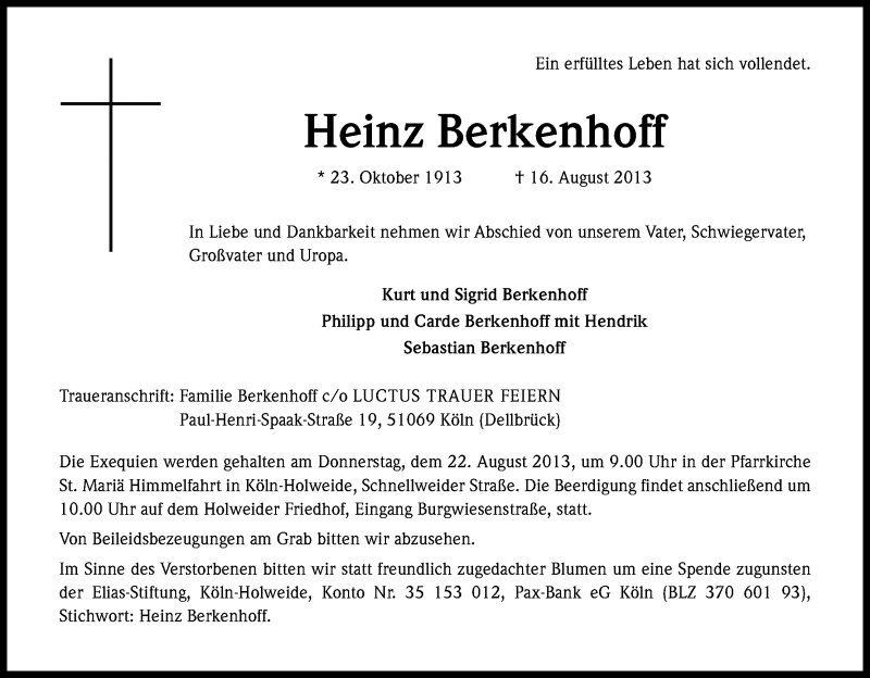  Traueranzeige für Heinz Berkenhoff vom 17.08.2013 aus Kölner Stadt-Anzeiger / Kölnische Rundschau / Express
