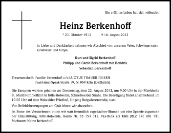 Anzeige von Heinz Berkenhoff von Kölner Stadt-Anzeiger / Kölnische Rundschau / Express
