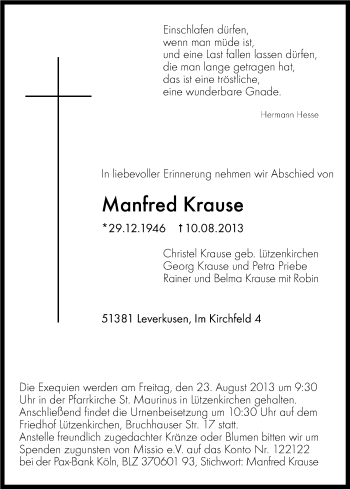 Anzeige von Manfred Krause von Kölner Stadt-Anzeiger / Kölnische Rundschau / Express