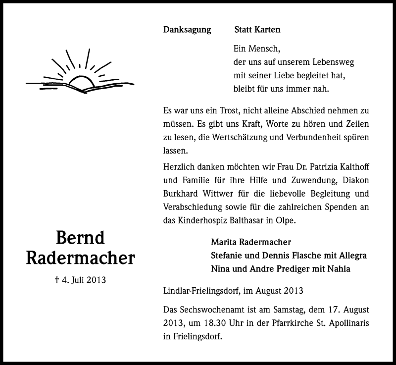  Traueranzeige für Bernd Radermacher vom 17.08.2013 aus Kölner Stadt-Anzeiger / Kölnische Rundschau / Express