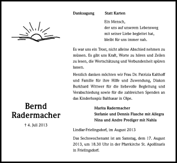 Anzeige von Bernd Radermacher von Kölner Stadt-Anzeiger / Kölnische Rundschau / Express