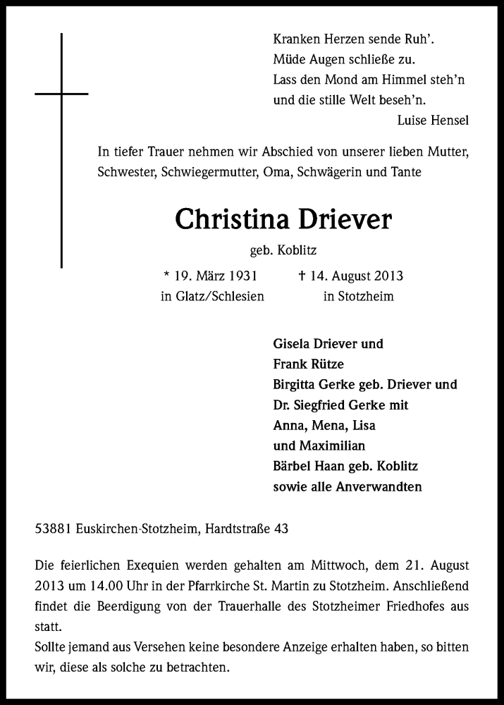 Traueranzeige für Christina Driever vom 17.08.2013 aus Kölner Stadt-Anzeiger / Kölnische Rundschau / Express