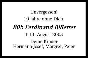 Anzeige von Ferdinand Billtetter von Kölner Stadt-Anzeiger / Kölnische Rundschau / Express