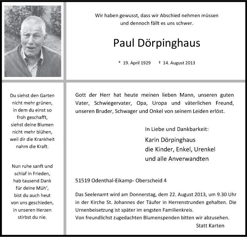  Traueranzeige für Paul Dörpinghaus vom 17.08.2013 aus Kölner Stadt-Anzeiger / Kölnische Rundschau / Express