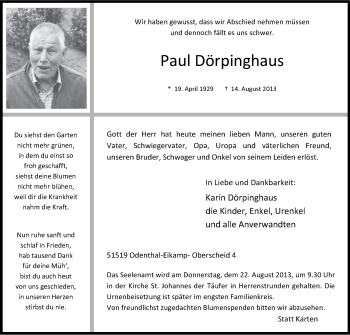 Anzeige von Paul Dörpinghaus von Kölner Stadt-Anzeiger / Kölnische Rundschau / Express