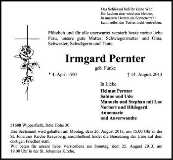 Anzeige von Irmgard Pernter von Kölner Stadt-Anzeiger / Kölnische Rundschau / Express