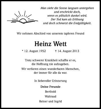 Anzeige von Heinz Wett von Kölner Stadt-Anzeiger / Kölnische Rundschau / Express