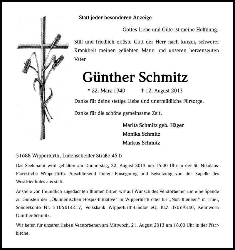  Traueranzeige für Günther Schmitz vom 19.08.2013 aus Kölner Stadt-Anzeiger / Kölnische Rundschau / Express
