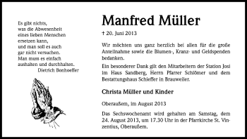 Anzeige von Manfred Müller von Kölner Stadt-Anzeiger / Kölnische Rundschau / Express