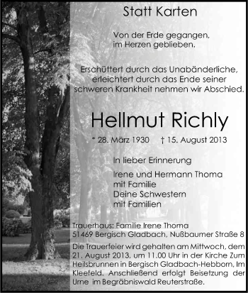 Anzeige von Hellmut Richly von Kölner Stadt-Anzeiger / Kölnische Rundschau / Express
