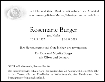 Anzeige von Rosemarie Burger von Kölner Stadt-Anzeiger / Kölnische Rundschau / Express