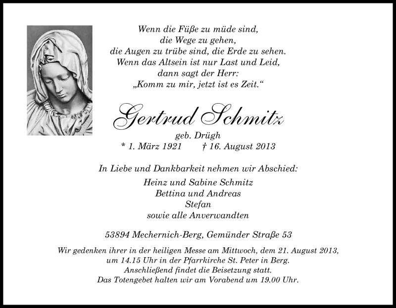  Traueranzeige für Gertrud Schmitz vom 17.08.2013 aus Kölner Stadt-Anzeiger / Kölnische Rundschau / Express