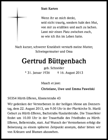 Anzeige von Gertrud Büttgenbach von Kölner Stadt-Anzeiger / Kölnische Rundschau / Express