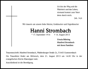 Anzeige von Hanni Strombach von Kölner Stadt-Anzeiger / Kölnische Rundschau / Express