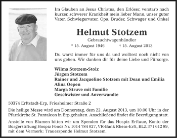 Anzeige von Helmut Stotzem von Kölner Stadt-Anzeiger / Kölnische Rundschau / Express