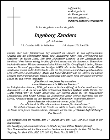 Anzeige von Ingeborg Zanders von Kölner Stadt-Anzeiger / Kölnische Rundschau / Express
