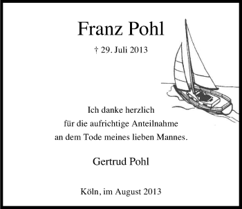 Anzeige von Franz Pohl von Kölner Stadt-Anzeiger / Kölnische Rundschau / Express