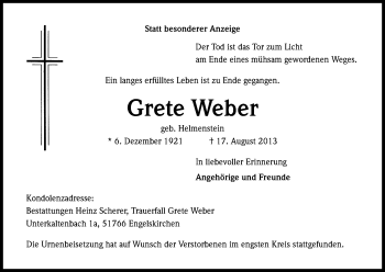Anzeige von Grete Weber von Kölner Stadt-Anzeiger / Kölnische Rundschau / Express