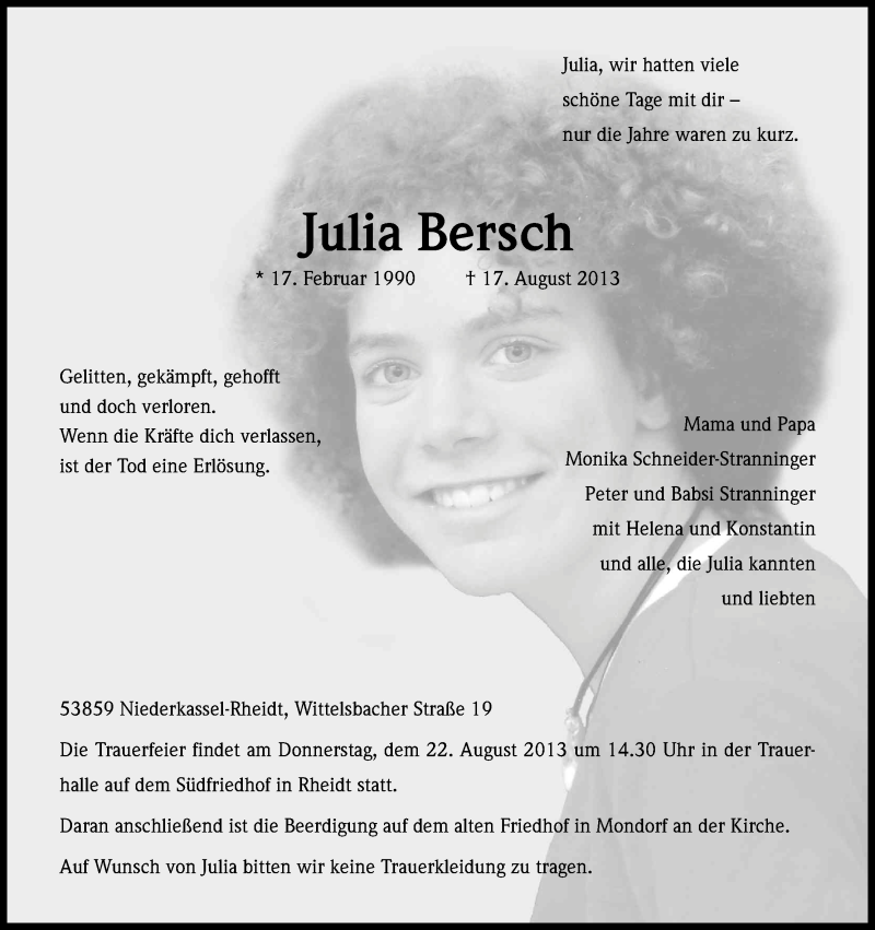  Traueranzeige für Julia Bersch vom 20.08.2013 aus Kölner Stadt-Anzeiger / Kölnische Rundschau / Express