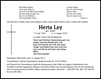 Anzeige von Herta Ley von Kölner Stadt-Anzeiger / Kölnische Rundschau / Express