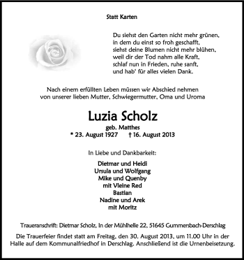Anzeige von Luzia Scholz von Kölner Stadt-Anzeiger / Kölnische Rundschau / Express
