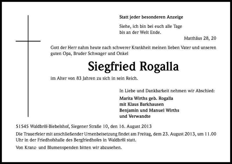  Traueranzeige für Siegfried Rogalla vom 20.08.2013 aus Kölner Stadt-Anzeiger / Kölnische Rundschau / Express