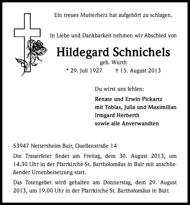  Traueranzeige für Hildegard Schnichels vom 20.08.2013 aus Kölner Stadt-Anzeiger / Kölnische Rundschau / Express