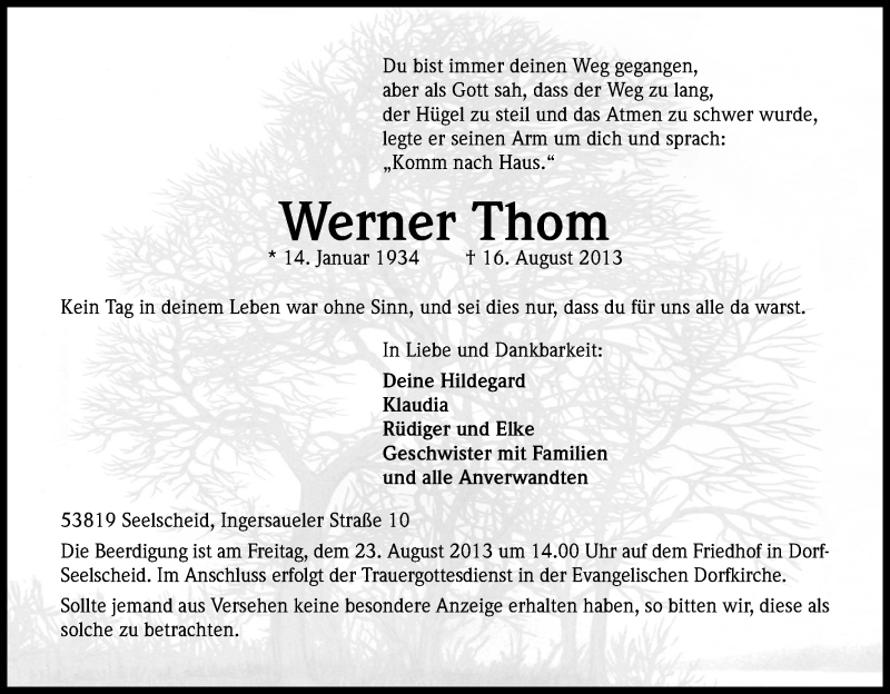  Traueranzeige für Werner Thom vom 20.08.2013 aus Kölner Stadt-Anzeiger / Kölnische Rundschau / Express