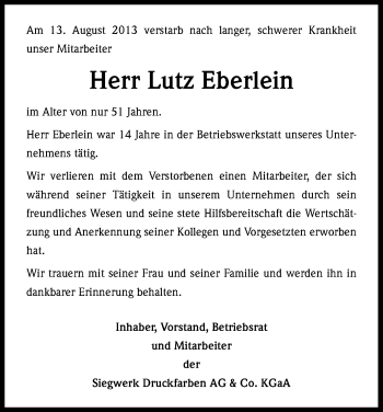 Anzeige von Lutz Eberlein von Kölner Stadt-Anzeiger / Kölnische Rundschau / Express