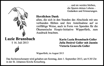 Anzeige von Luzie Brunsbach von Kölner Stadt-Anzeiger / Kölnische Rundschau / Express