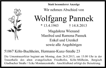 Anzeige von Wolfgang Pannek von Kölner Stadt-Anzeiger / Kölnische Rundschau / Express