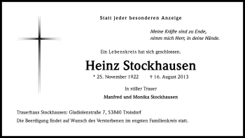 Anzeige von Heinz Stockhausen von Kölner Stadt-Anzeiger / Kölnische Rundschau / Express