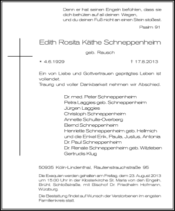 Anzeige von Edith Schneppenheim von Kölner Stadt-Anzeiger / Kölnische Rundschau / Express