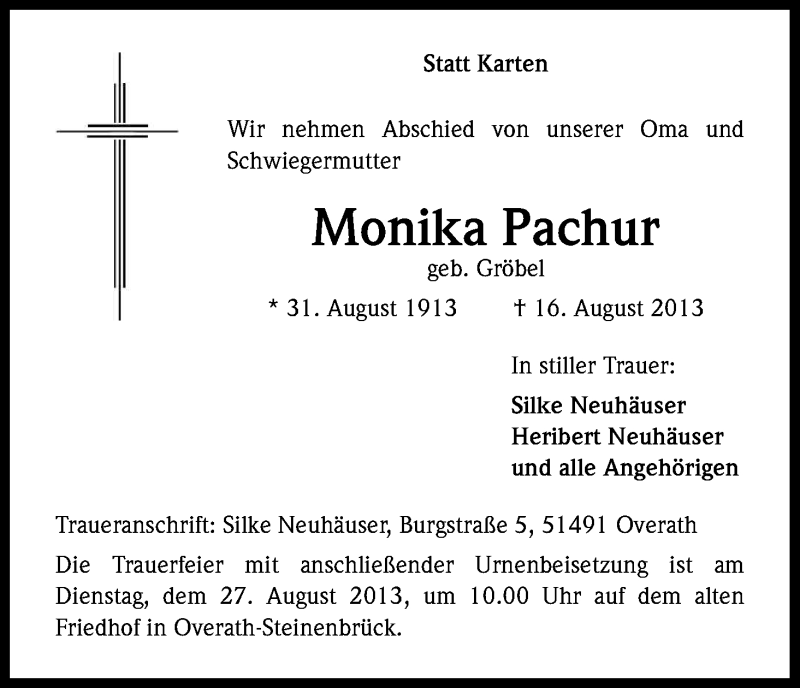  Traueranzeige für Monika Pachur vom 20.08.2013 aus Kölner Stadt-Anzeiger / Kölnische Rundschau / Express