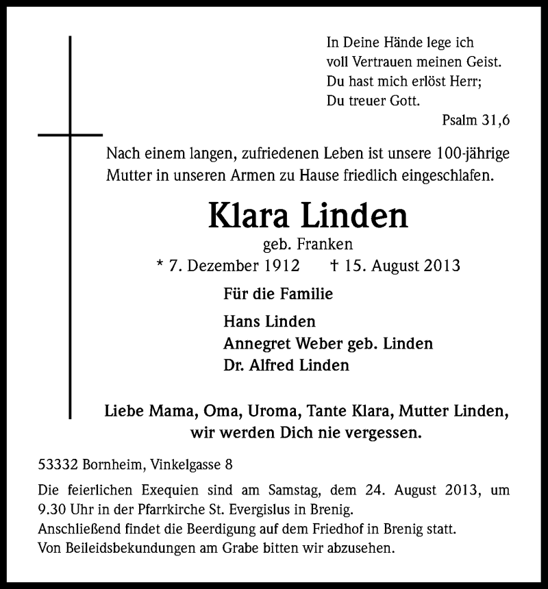  Traueranzeige für Klara Linden vom 21.08.2013 aus Kölner Stadt-Anzeiger / Kölnische Rundschau / Express