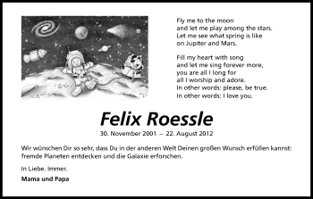 Anzeige von Felix Roessle von Kölner Stadt-Anzeiger / Kölnische Rundschau / Express