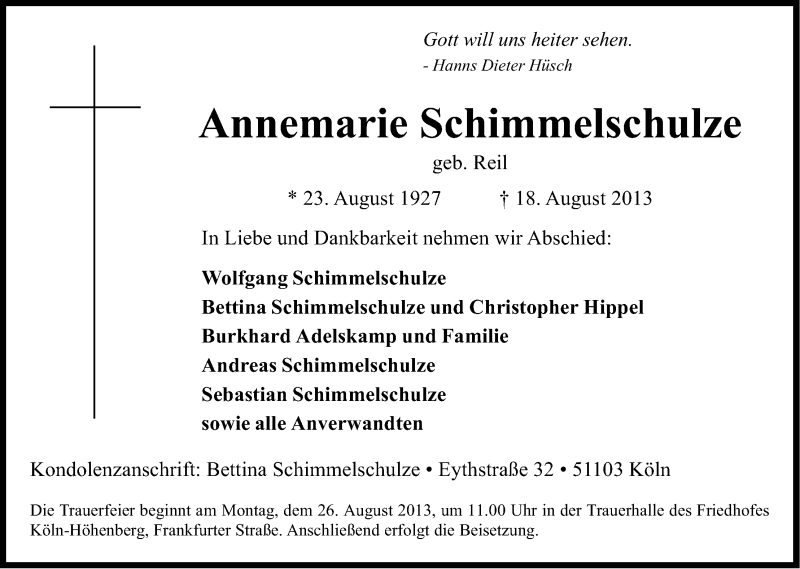  Traueranzeige für Annemarie Schimmelschulze vom 21.08.2013 aus Kölner Stadt-Anzeiger / Kölnische Rundschau / Express