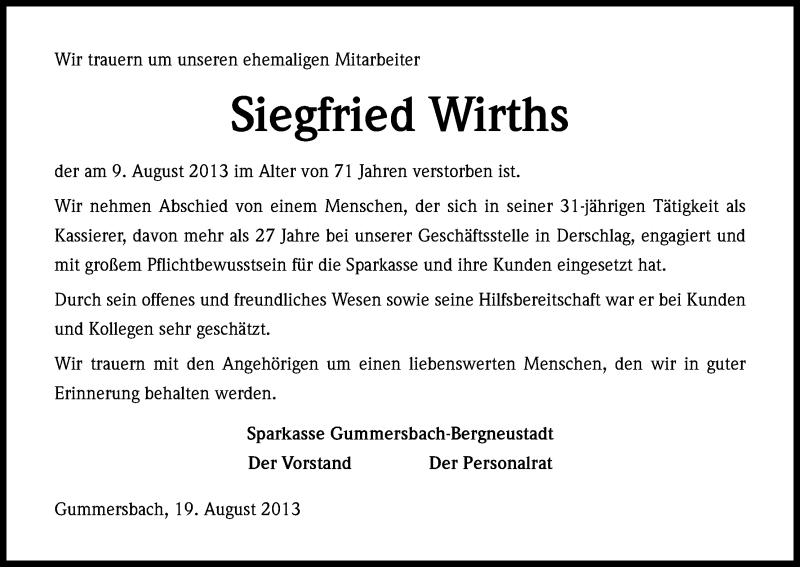  Traueranzeige für Siegfried Wirths vom 20.08.2013 aus Kölner Stadt-Anzeiger / Kölnische Rundschau / Express