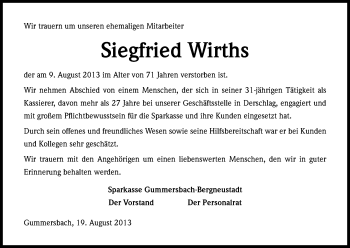 Anzeige von Siegfried Wirths von Kölner Stadt-Anzeiger / Kölnische Rundschau / Express