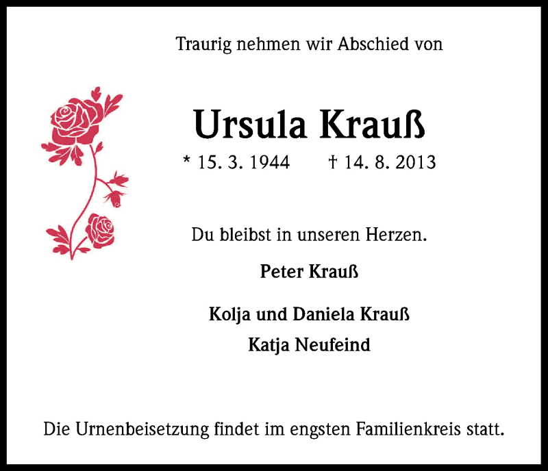  Traueranzeige für Ursula Krauß vom 21.08.2013 aus Kölner Stadt-Anzeiger / Kölnische Rundschau / Express