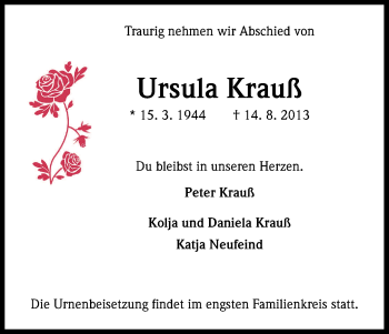 Anzeige von Ursula Krauß von Kölner Stadt-Anzeiger / Kölnische Rundschau / Express