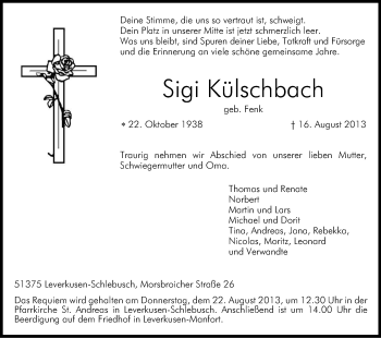 Anzeige von Sigi Külschbach von Kölner Stadt-Anzeiger / Kölnische Rundschau / Express