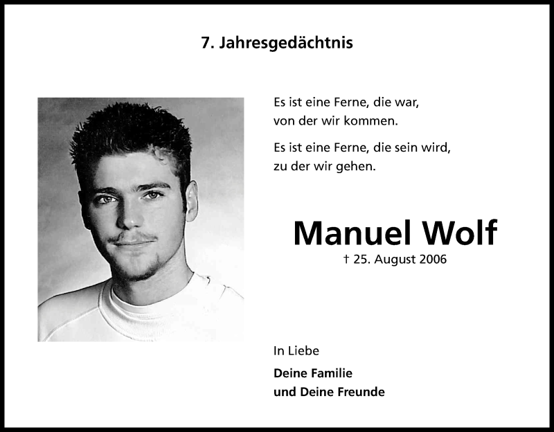  Traueranzeige für Manuel Wolf vom 26.08.2013 aus Kölner Stadt-Anzeiger / Kölnische Rundschau / Express