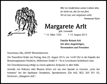 Anzeige von Margarete Arlt von Kölner Stadt-Anzeiger / Kölnische Rundschau / Express