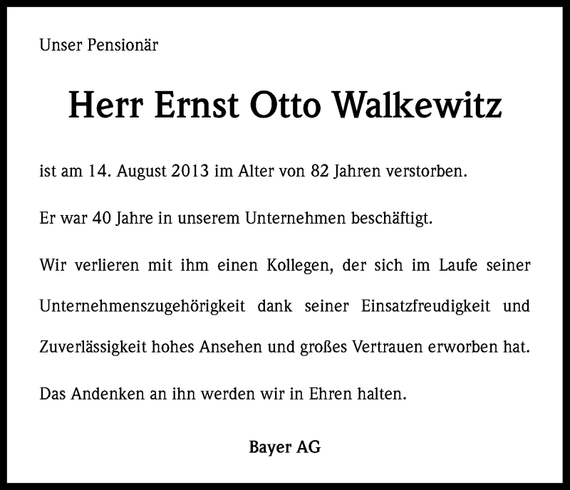  Traueranzeige für Ernst Otto Walkewitz vom 20.08.2013 aus Kölner Stadt-Anzeiger / Kölnische Rundschau / Express