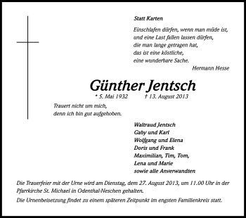 Anzeige von Günther Jentsch von Kölner Stadt-Anzeiger / Kölnische Rundschau / Express